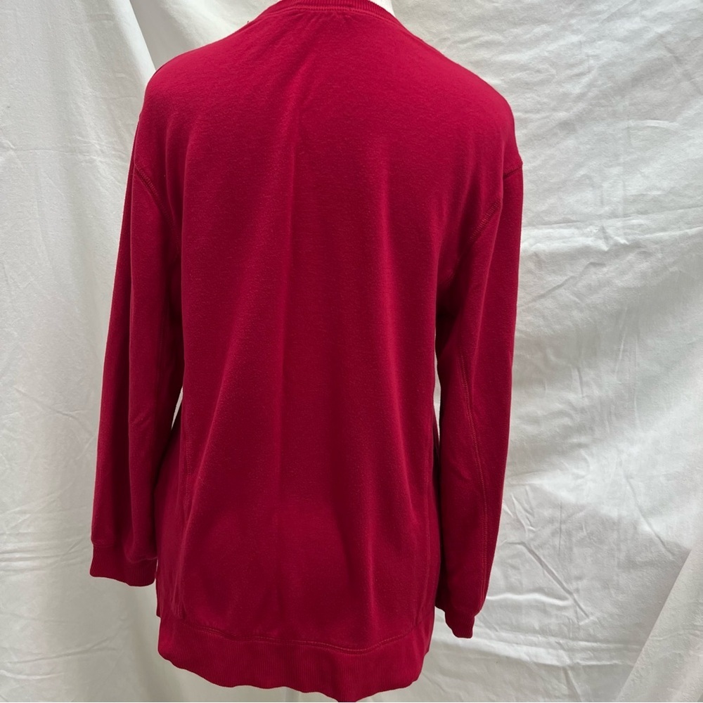 Peloton cranberry colored lightweight sweatshirt with multi-color brand name. - Picture 5 of 8